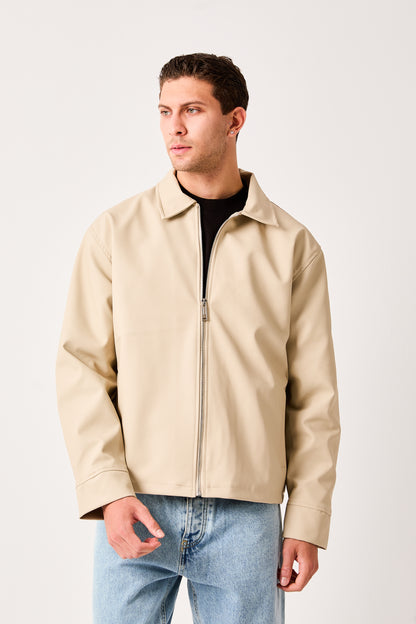 X-2011 Mens Shirt Collar Jacket Beige Zip Front Minimal Design Regular Fit