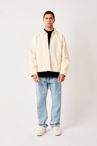 X-2011 Mens Shirt Collar Jacket White Zip Front Minimal Design Regular Fit