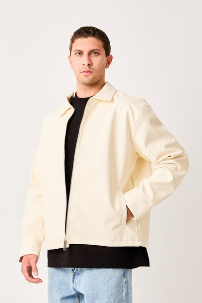 X-2011 Mens Shirt Collar Jacket White Zip Front Minimal Design Regular Fit