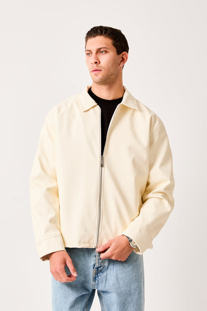 X-2011 Mens Shirt Collar Jacket White Zip Front Minimal Design Regular Fit