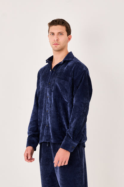 X-0002 Men’s Navy Cord Velvet Shirt – Relaxed Fit, Button-Up, Single Chest Pocket