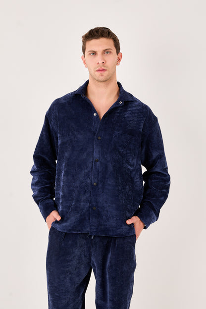 X-0002 Men’s Navy Cord Velvet Shirt – Relaxed Fit, Button-Up, Single Chest Pocket