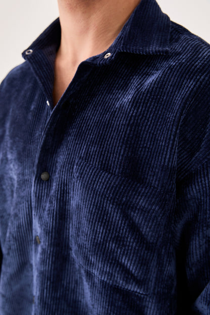 X-0002 Men’s Navy Cord Velvet Shirt – Relaxed Fit, Button-Up, Single Chest Pocket