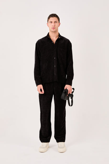 X-0002 Men’s Black Cord Velvet Shirt – Relaxed Fit, Button-Up, Single Chest Pocket