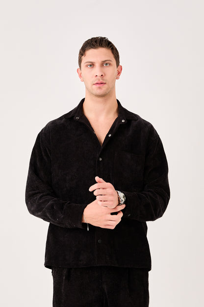 X-0002 Men’s Black Cord Velvet Shirt – Relaxed Fit, Button-Up, Single Chest Pocket