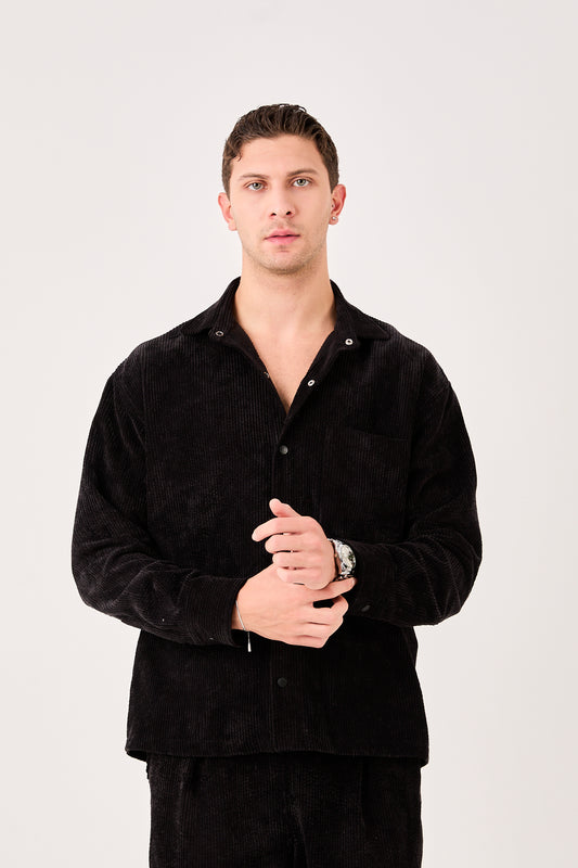 X-0002 Men’s Black Cord Velvet Shirt – Relaxed Fit, Button-Up, Single Chest Pocket