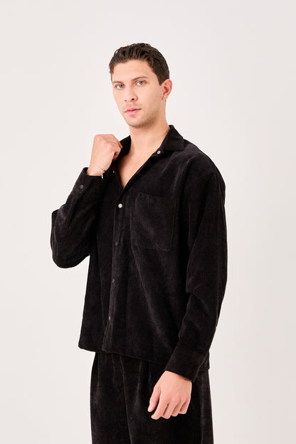 X-0002 Men’s Black Cord Velvet Shirt – Relaxed Fit, Button-Up, Single Chest Pocket
