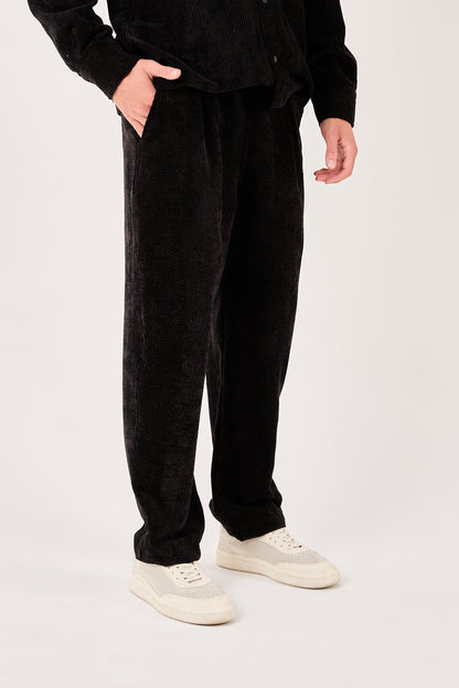 X-1004 Mens Corduroy Pants Black Elastic Waist Drawstring Relaxed Fit