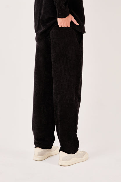 X-1004 Mens Corduroy Pants Black Elastic Waist Drawstring Relaxed Fit