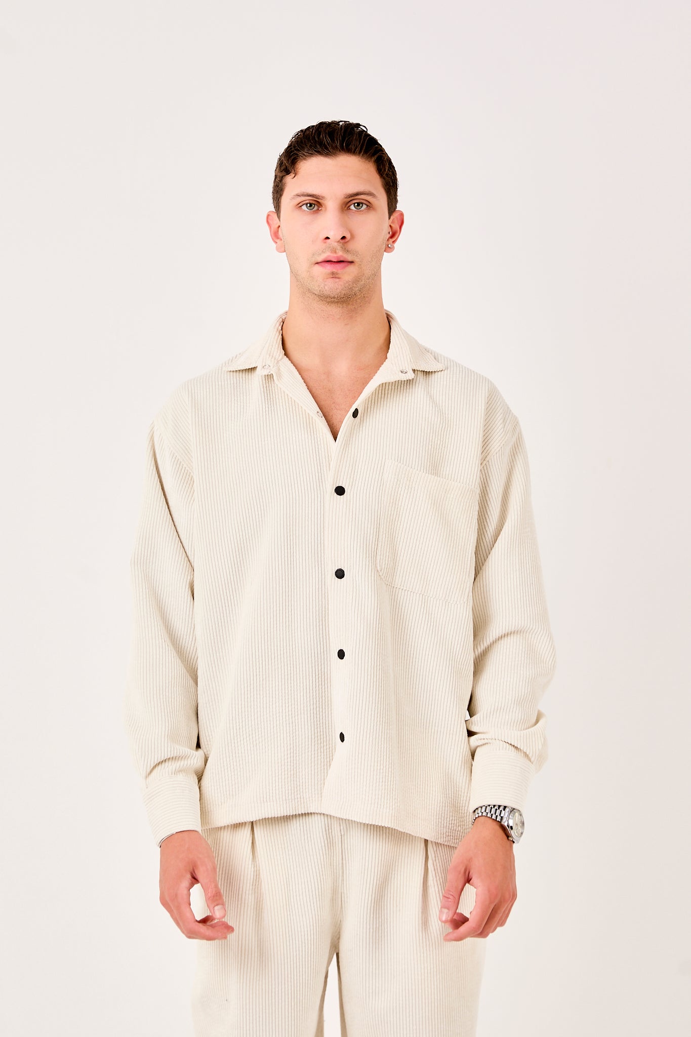 X-0002 Men’s Cream Cord Velvet Shirt – Relaxed Fit, Button-Up, Single Chest Pocket