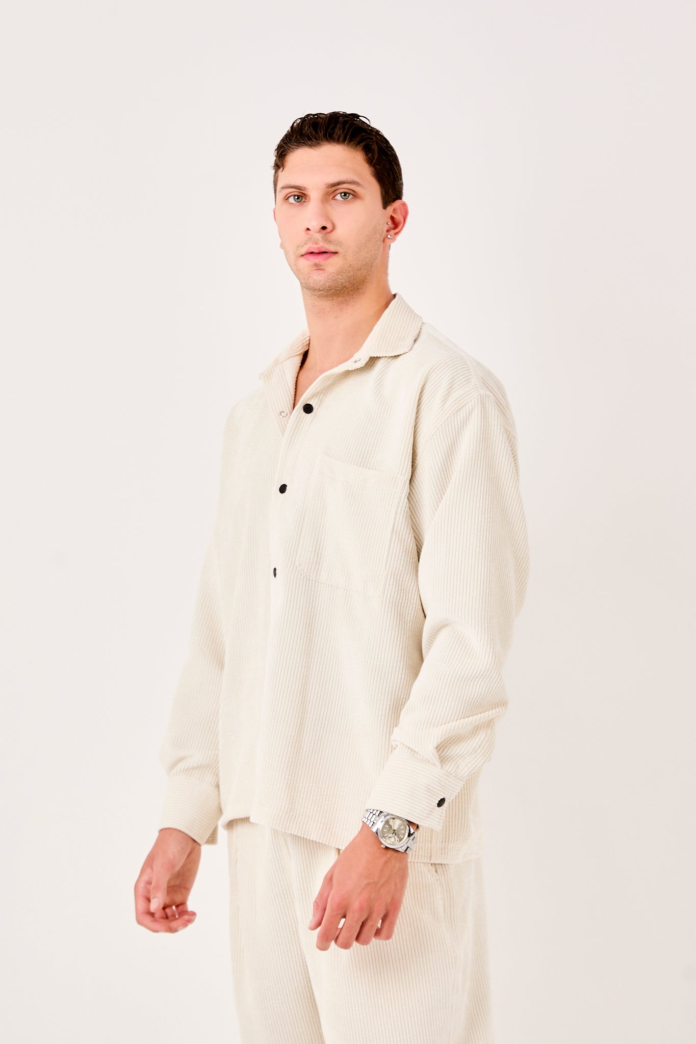 X-0002 Men’s Cream Cord Velvet Shirt – Relaxed Fit, Button-Up, Single Chest Pocket