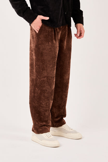 X-1004 Mens Corduroy Lounge Pants Brown – Drawstring Elastic Waist, Relaxed Fit