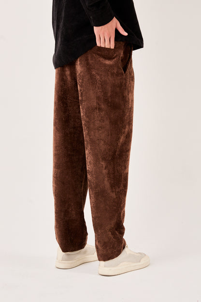 X-1004 Mens Corduroy Lounge Pants Brown – Drawstring Elastic Waist, Relaxed Fit