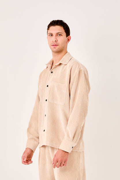 X-0002 Men’s Beige Cord Velvet Shirt – Relaxed Fit, Button-Up, Single Chest Pocket