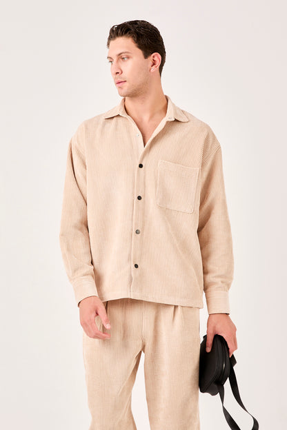 X-0002 Men’s Beige Cord Velvet Shirt – Relaxed Fit, Button-Up, Single Chest Pocket
