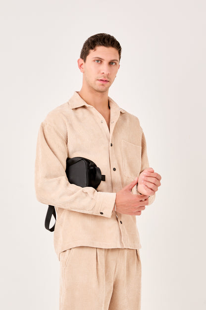 X-0002 Men’s Beige Cord Velvet Shirt – Relaxed Fit, Button-Up, Single Chest Pocket