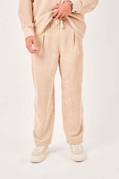 X-1004 Mens Corduroy Lounge Pants Cream Relaxed Fit Drawstring Waist Side Pockets