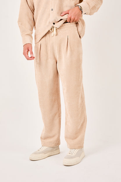 X-1004 Mens Corduroy Lounge Pants Cream Relaxed Fit Drawstring Waist Side Pockets