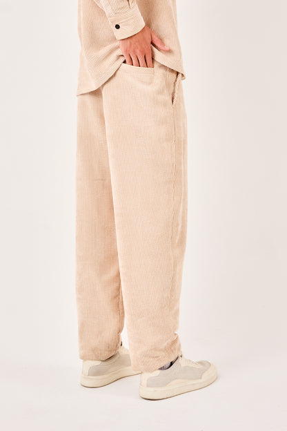 X-1004 Mens Corduroy Lounge Pants Cream Relaxed Fit Drawstring Waist Side Pockets