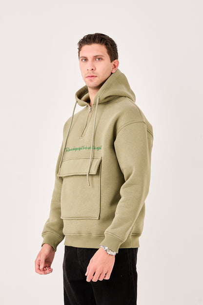 X-4005 Men’s Oversized Fleece-Lined Hoodie – Green, Half-Zip Sweatshirt with Front Pocket