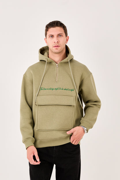 X-4005 Men’s Oversized Fleece-Lined Hoodie – Green, Half-Zip Sweatshirt with Front Pocket