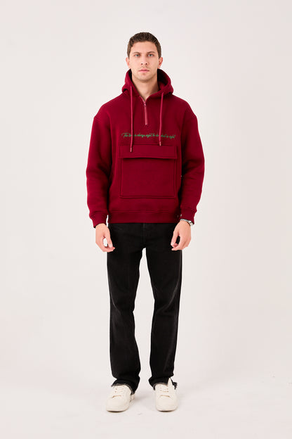 X-4005 Men’s Hoodie in BURGUNDY – Oversized Fit, Fleece Inside, Half-Zip, Kangaroo Pocket