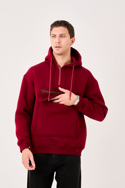 X-4005 Men’s Hoodie in BURGUNDY – Oversized Fit, Fleece Inside, Half-Zip, Kangaroo Pocket