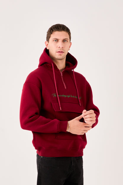 X-4005 Men’s Hoodie in BURGUNDY – Oversized Fit, Fleece Inside, Half-Zip, Kangaroo Pocket