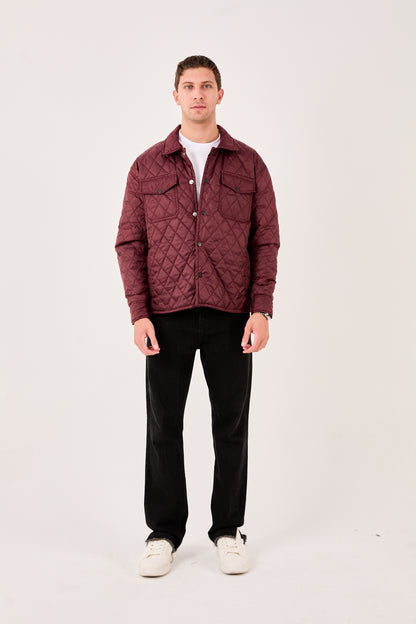 X-2019 Mens Lightweight Quilted Jacket Snap Button Burgundy Chest Pockets