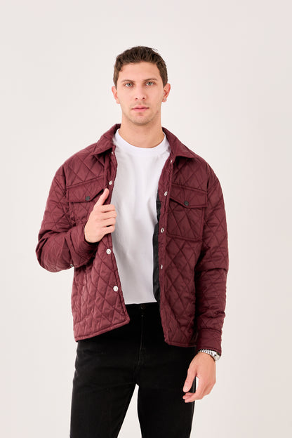 X-2019 Mens Lightweight Quilted Jacket Snap Button Burgundy Chest Pockets