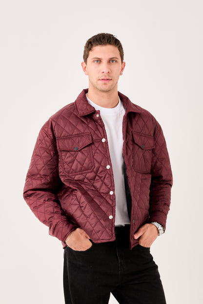 X-2019 Mens Lightweight Quilted Jacket Snap Button Burgundy Chest Pockets