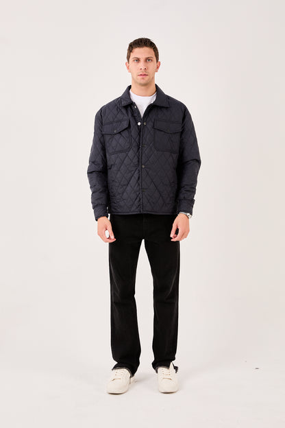 X-2019 Mens Lightweight Quilted Jacket Snap Button Navy Chest Pockets