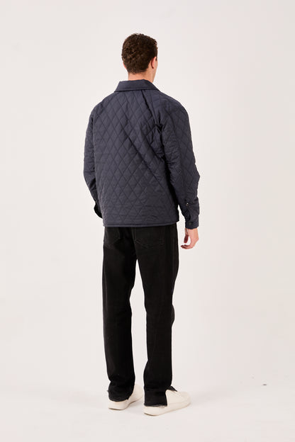 X-2019 Mens Lightweight Quilted Jacket Snap Button Navy Chest Pockets