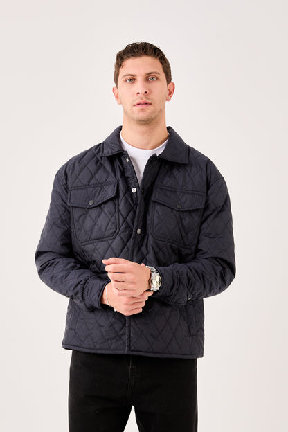X-2019 Mens Lightweight Quilted Jacket Snap Button Navy Chest Pockets