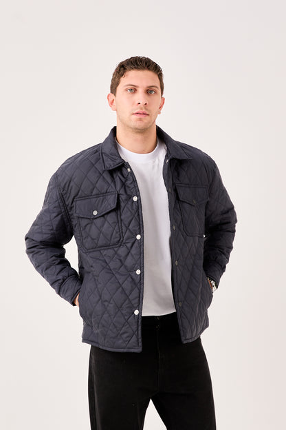 X-2019 Mens Lightweight Quilted Jacket Snap Button Navy Chest Pockets