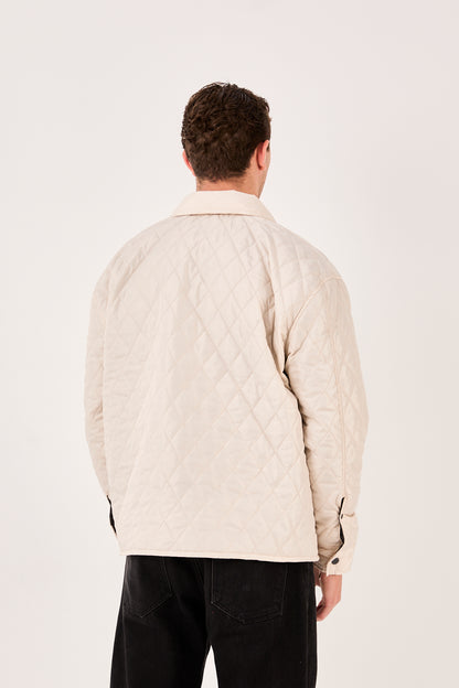 X-2019 Mens Lightweight Quilted Jacket Snap Button Beige Chest Pockets