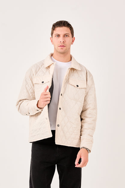 X-2019 Mens Lightweight Quilted Jacket Snap Button Beige Chest Pockets