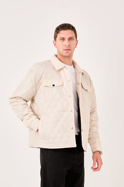 X-2019 Mens Lightweight Quilted Jacket Snap Button Beige Chest Pockets