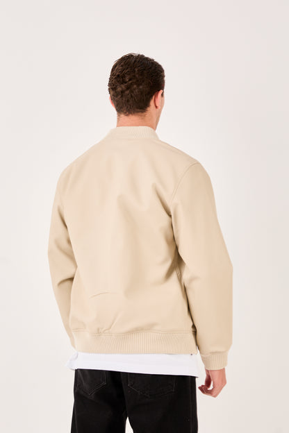 X-2012 Mens Minimal Bomber Jacket Beige Clean Look Zip Front
