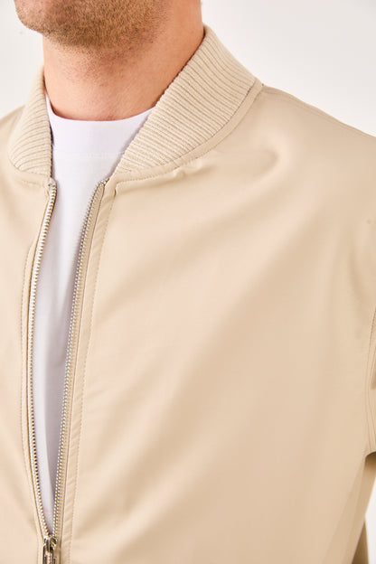 X-2012 Mens Minimal Bomber Jacket Beige Clean Look Zip Front