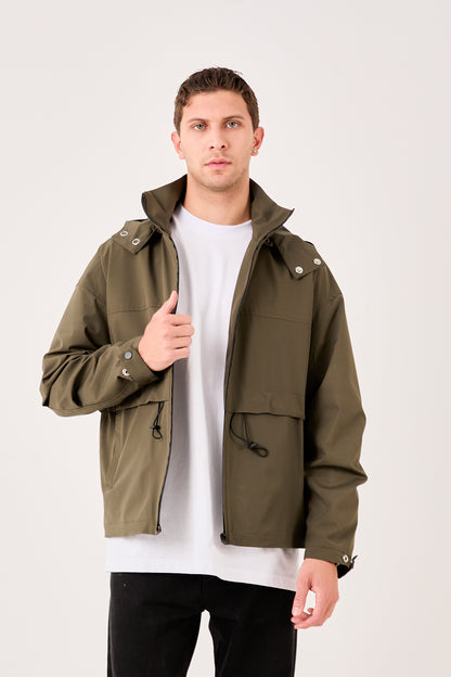 X-2010 Mens Hooded Windbreaker Rain Jacket Olive Zip Front Adjustable Hem