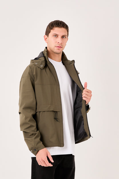 X-2010 Mens Hooded Windbreaker Rain Jacket Olive Zip Front Adjustable Hem