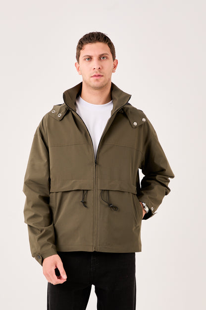 X-2010 Mens Hooded Windbreaker Rain Jacket Olive Zip Front Adjustable Hem