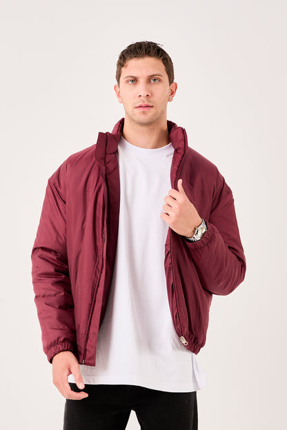 X-2008 Mens Lightweight Puffer Jacket Burgundy Zip Front Stand Collar Elastic Hem