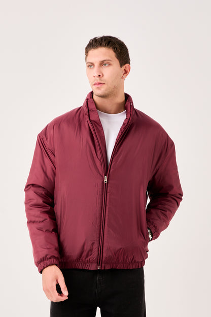 X-2008 Mens Lightweight Puffer Jacket Burgundy Zip Front Stand Collar Elastic Hem