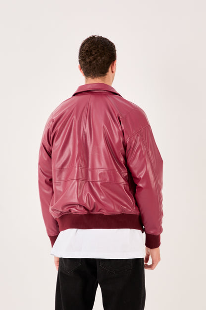 X-2015 Mens Faux Leather Bomber Jacket Burgundy Zip Front Ribbed Hem