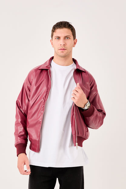 X-2015 Mens Faux Leather Bomber Jacket Burgundy Zip Front Ribbed Hem