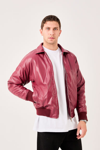 X-2015 Mens Faux Leather Bomber Jacket Burgundy Zip Front Ribbed Hem