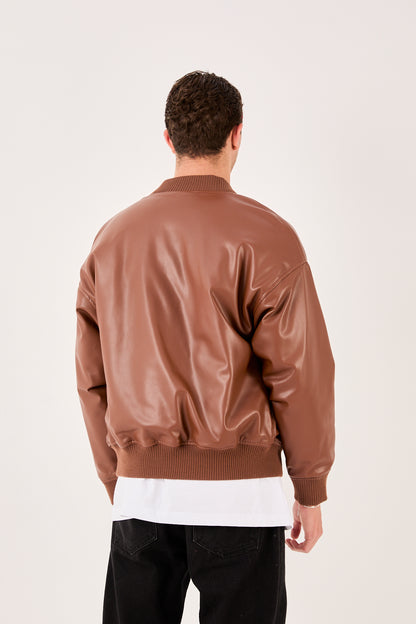 X-2018 Mens Snap Button Faux Leather Jacket Brown Bomber Style