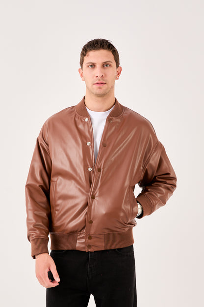 X-2018 Mens Snap Button Faux Leather Jacket Brown Bomber Style